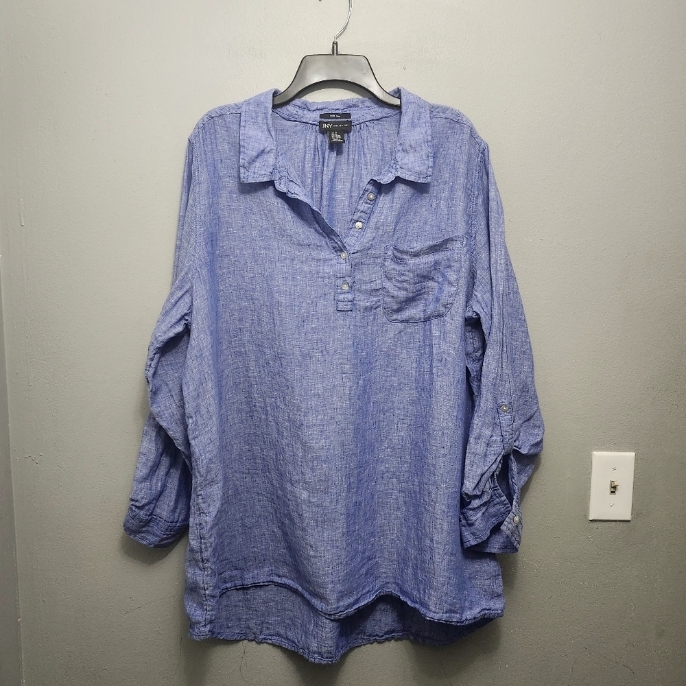 JNY women's pullover tunic top size 2X blue 100% linen long sleeve